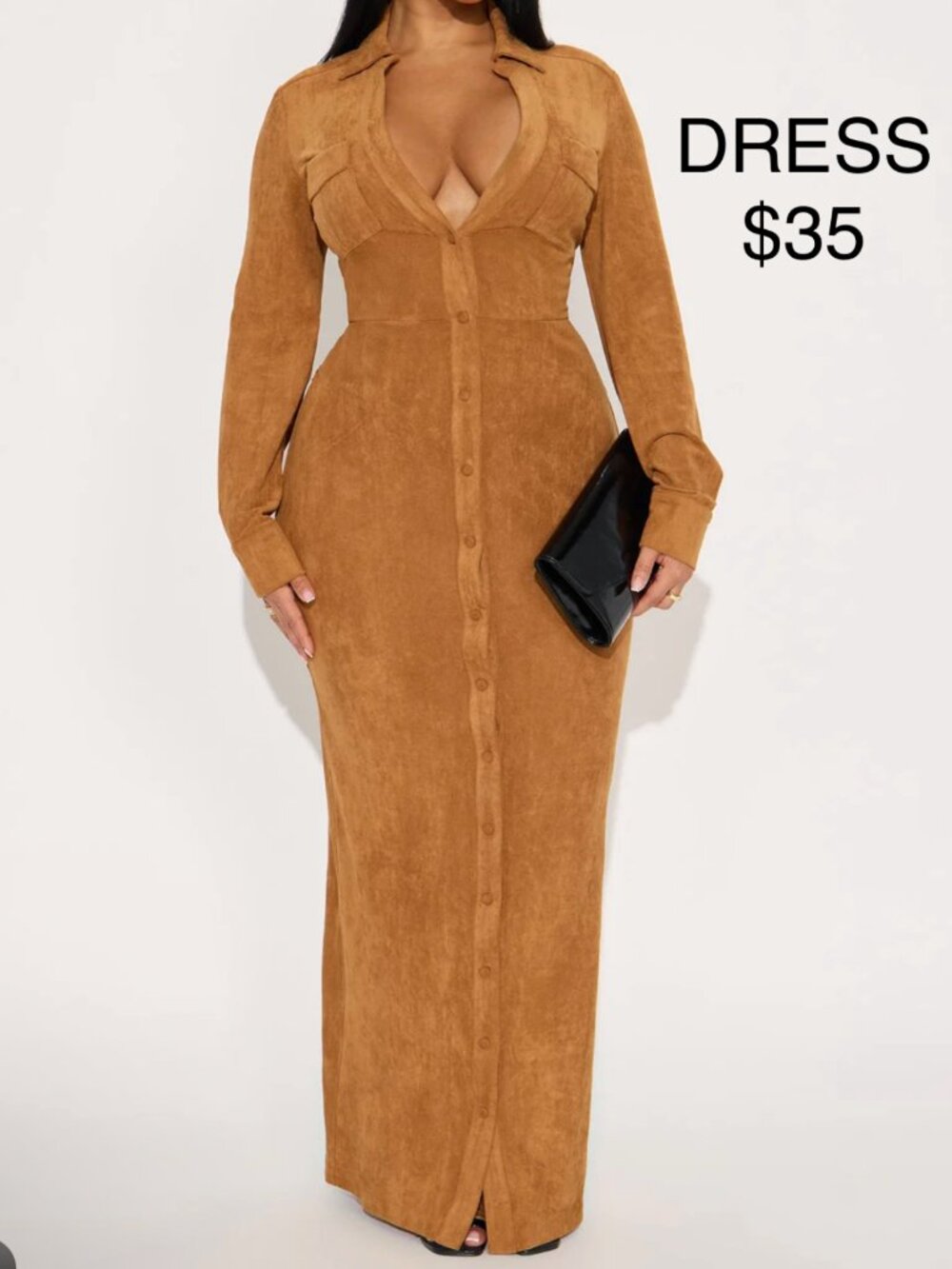 Cognac Brown Faux Suede Button Down Maxi Dress NWT